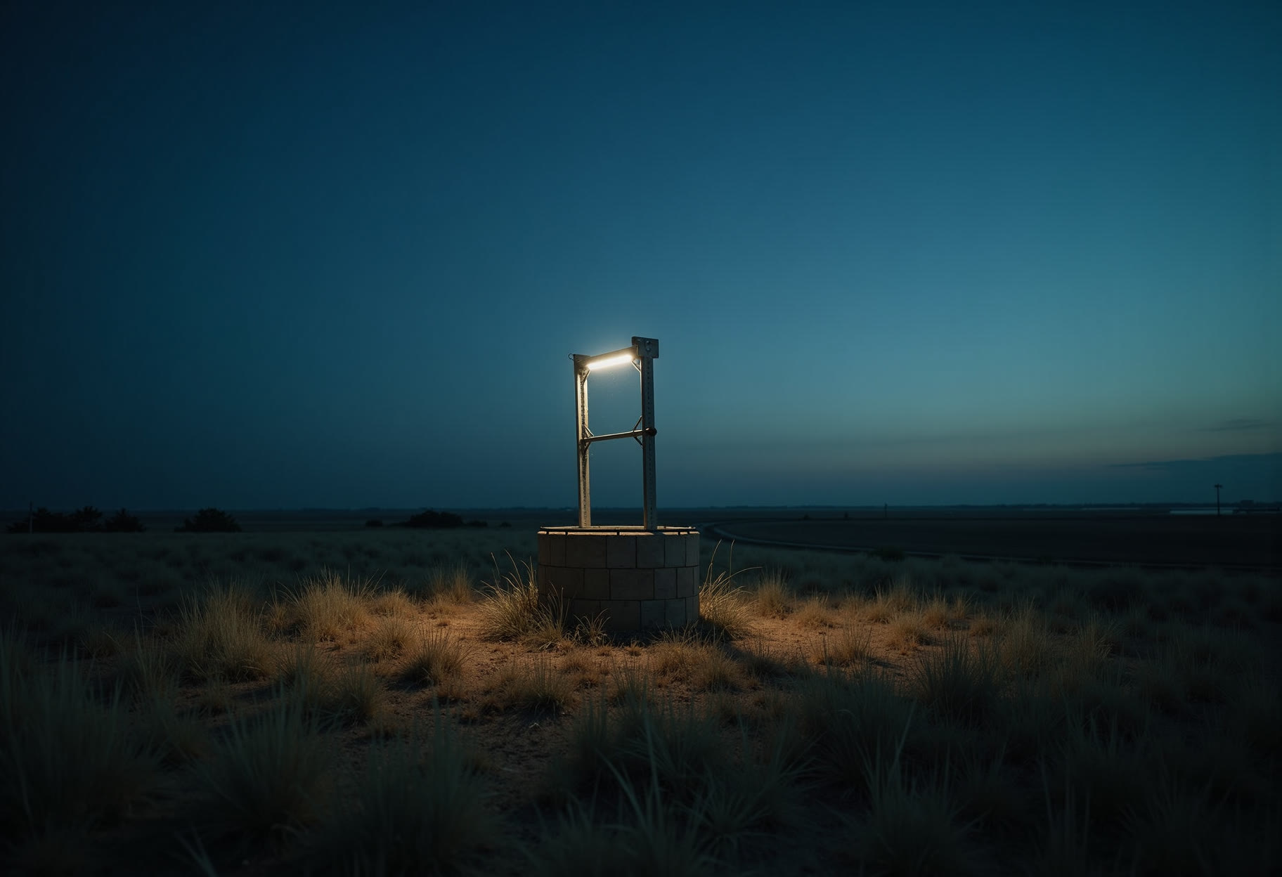 Wellhead in a pasture at dusk